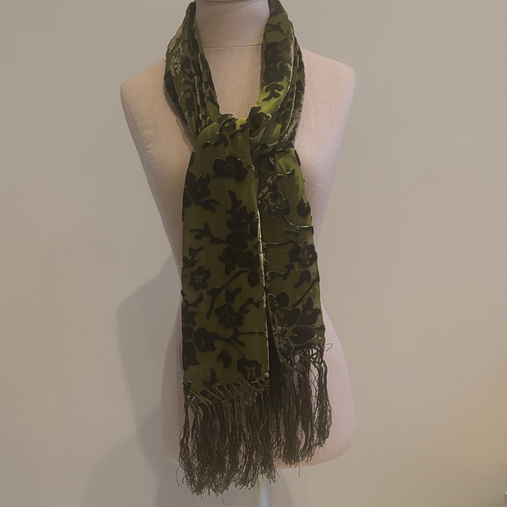 Silk and Olive Green Floral Velvet Burnout Scarf